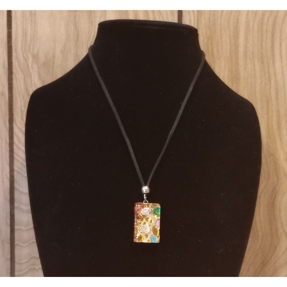 Vintage Murano Glass Multi Color Rectangle Pendant 20-22" Leather Cord Necklace